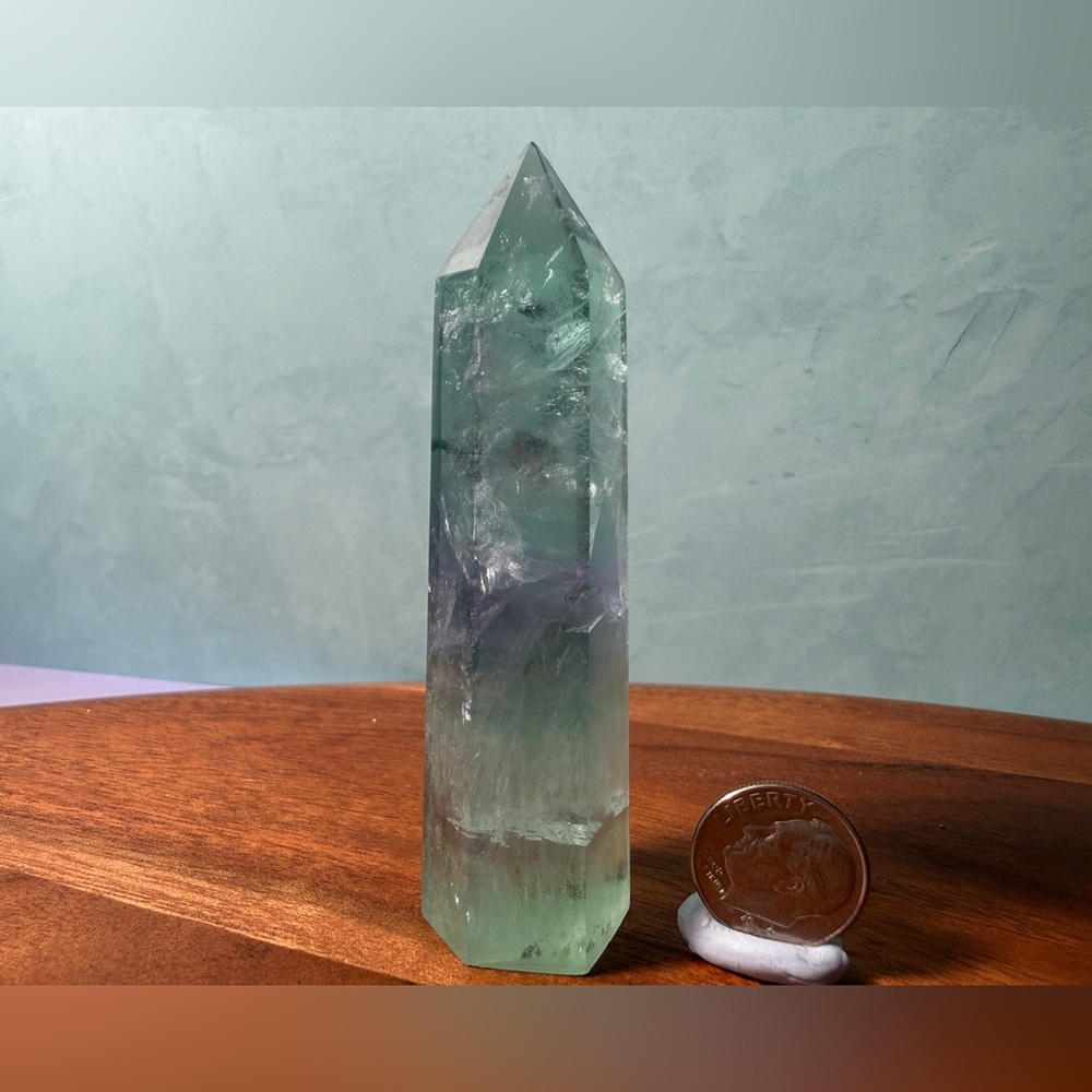 Natural Green Flourite Tower Point Crystal Mental Clarity Focus 6 sided Obelisk